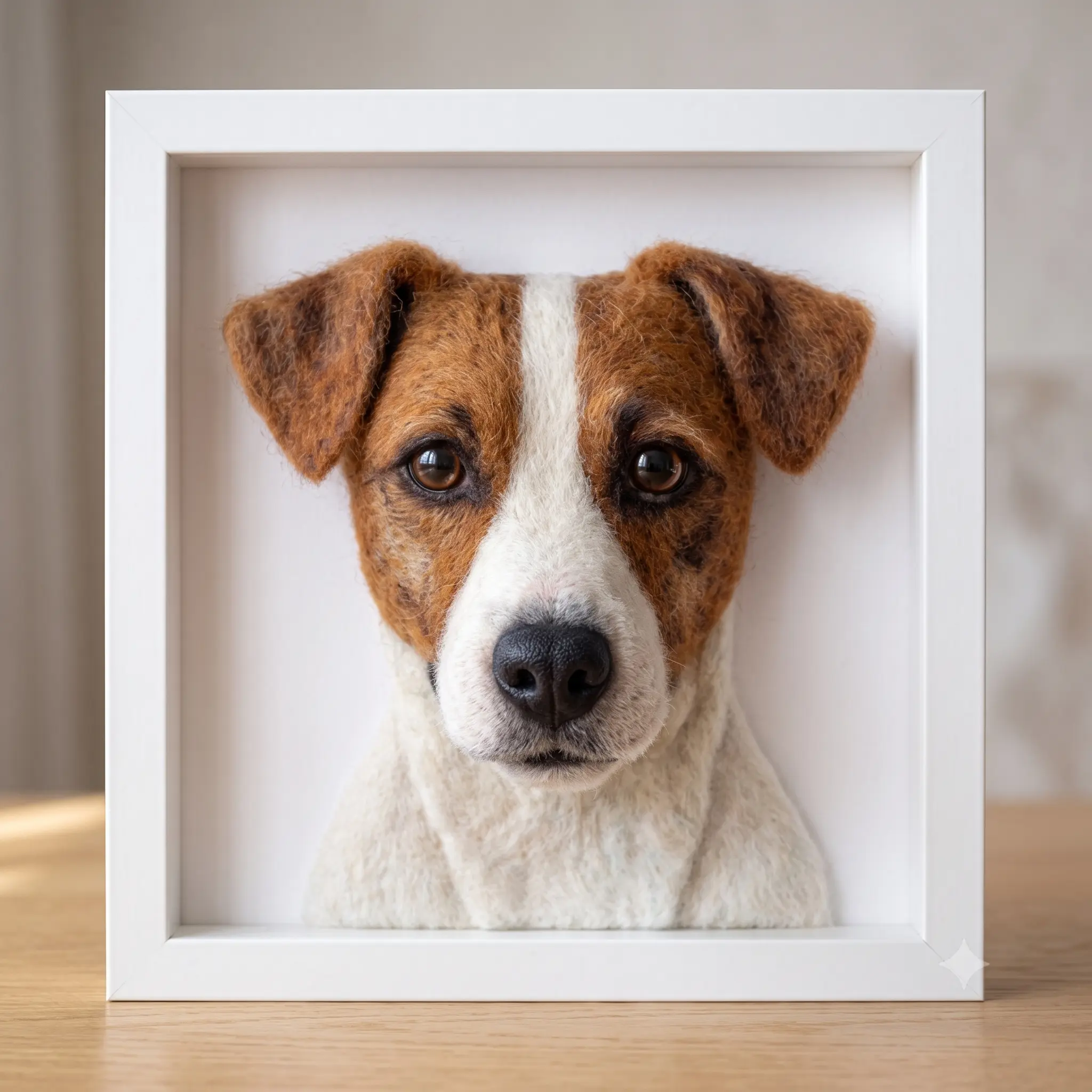 Cachorro realista em feltragem num quadro